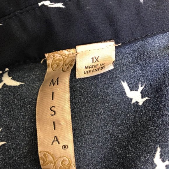 Misia Blue White Bird Button Tie Front Blouse Artsy Top - Picture 3 of 5